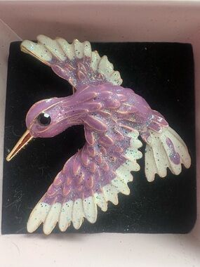 Purple and White Enamel Bird Pin Brooch - Sparkle Accent hummingbird